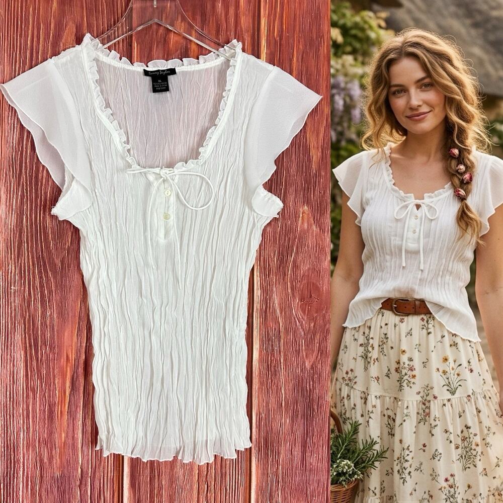 Sunny Taylor White Crinkle Blouse Y2K Cottagecore Sheer Flutter Sleeve Size XL